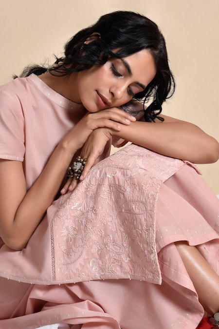 Kanika Sharma_Pink Cotton Band Collar Embroidered Kurta Palazzo Set _Online_at_Aza_Fashions