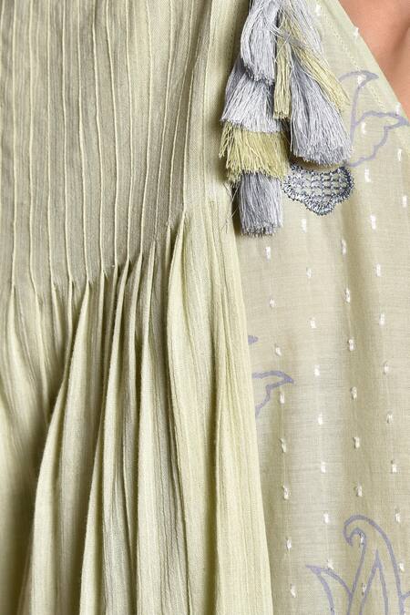 Shop_Kanika Sharma_Green Dobby, Crinkled Cotton Square Neck Layered Maxi Dress _Online_at_Aza_Fashions