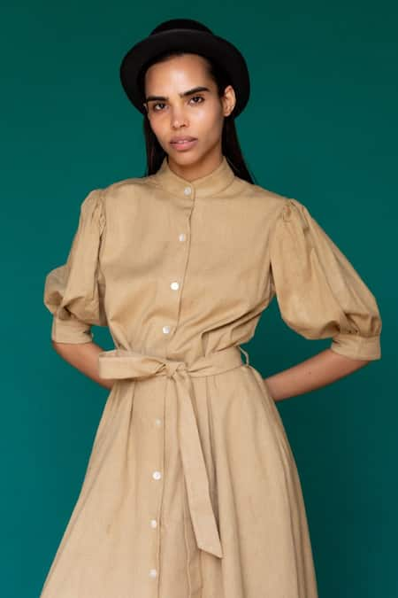 Sruti Dalmia Beige Gots Certified Organic Cotton Woven Striped Band Shirt Dress   5