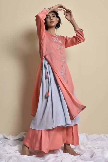 Kanika Sharma_Coral Kurta Chanderi Inner Crincled Cotton Pant Hand Embroidered Set_Online_at_Aza_Fashions