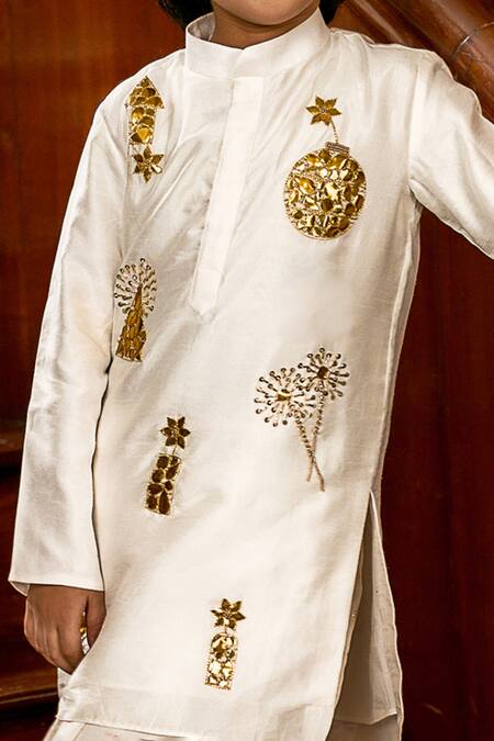 Panchhi By Kanupriya Tibrewala_White Silk, Cotton Embroidery Cracker Kurta Set_Online_at_Aza_Fashions