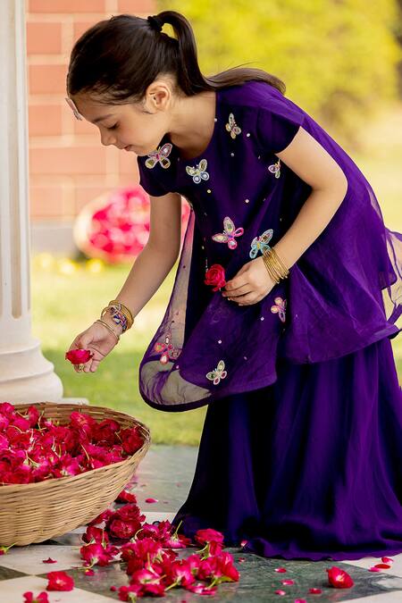 Shop Panchhi By Kanupriya Tibrewala Purple Silk Organza, Georgette Butterfly Embroidered Tunic And Palazzo Set at Aza Fashions Shop_Panchhi By Kanupriya Tibrewala_Purple Silk Organza, Georgette Butterfly Embroidered Tunic And Palazzo Set_at_Aza_Fashions