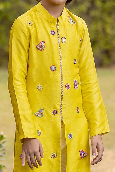 Panchhi By Kanupriya Tibrewala_Green Silk, Cotton Satin Mirrors, Beads Jugnu Embroidered Jacket Kurta Set_Online_at_Aza_Fashions
