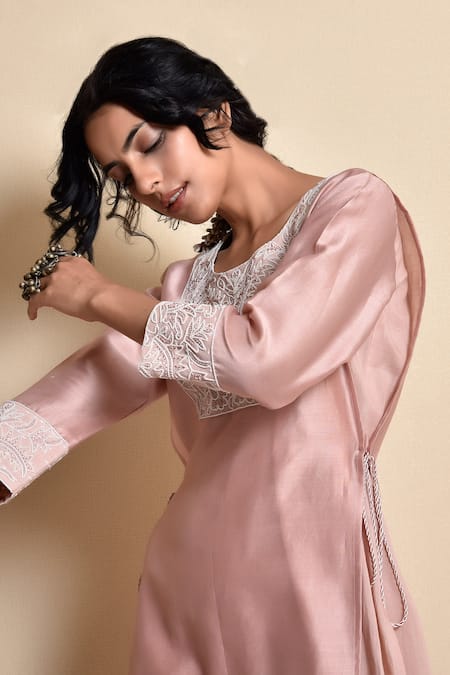 Shop_Kanika Sharma_Pink Kurta Chanderi Inner Cotton Kurta Round Hand Embroidered _Online_at_Aza_Fashions