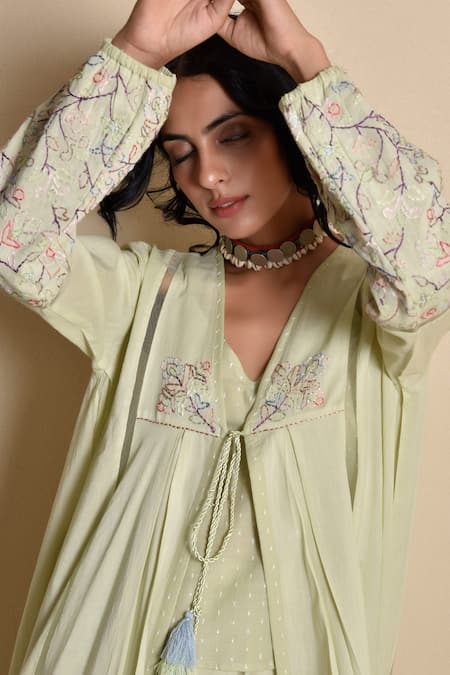 Kanika Sharma_Green Inner Doby  Jacket And Pant Flared Set With Embroidered _Online_at_Aza_Fashions