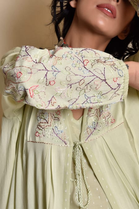 Buy_Kanika Sharma_Green Inner Doby  Jacket And Pant Flared Set With Embroidered _Online_at_Aza_Fashions