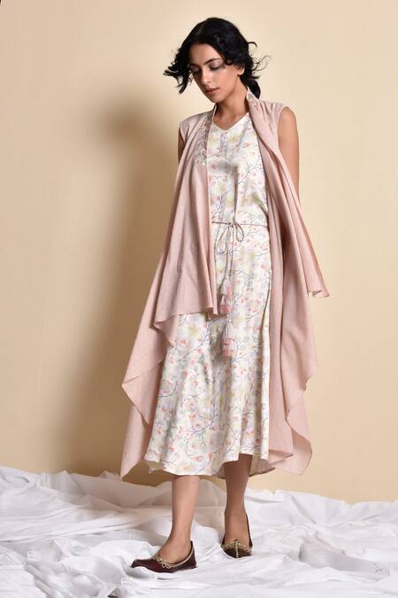 Kanika Sharma_White Dress Modal Jacket Dobby Cotton Dress V Neck Printed Midi With _Online_at_Aza_Fashions