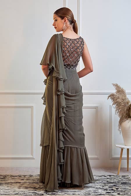 Jade By Ashima Green Georgette And Net Cutdana, Moti & Stones Round Pre-draped Saree With Blouse Online at Aza Fashions Jade By Ashima_Green Georgette And Net Cutdana, Moti & Stones Round Pre-draped Saree With Blouse _Online_at_Aza_Fashions