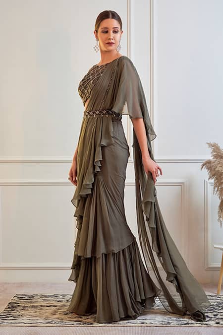 Buy Jade By Ashima Green Georgette And Net Cutdana, Moti & Stones Round Pre-draped Saree With Blouse Online at Aza Fashions Buy_Jade By Ashima_Green Georgette And Net Cutdana, Moti & Stones Round Pre-draped Saree With Blouse _Online_at_Aza_Fashions