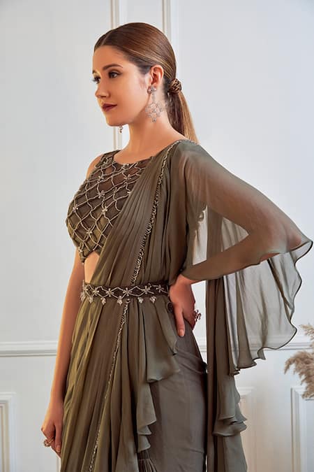 Shop Jade By Ashima Green Georgette And Net Cutdana, Moti & Stones Round Pre-draped Saree With Blouse Online at Aza Fashions Shop_Jade By Ashima_Green Georgette And Net Cutdana, Moti & Stones Round Pre-draped Saree With Blouse _Online_at_Aza_Fashions