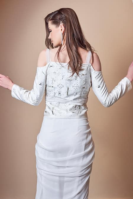 Shop Jade By Ashima White Dupion And Georgette Cutdana, Moti & Stones, Pre-draped Saree With Blouse at Aza Fashions Shop_Jade By Ashima_White Dupion And Georgette Cutdana, Moti & Stones, Pre-draped Saree With Blouse _at_Aza_Fashions