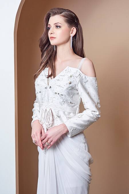 Jade By Ashima White Dupion And Georgette Cutdana, Moti & Stones, Pre-draped Saree With Blouse Online at Aza Fashions Jade By Ashima_White Dupion And Georgette Cutdana, Moti & Stones, Pre-draped Saree With Blouse _Online_at_Aza_Fashions