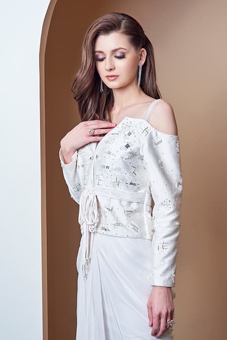 Buy Jade By Ashima White Dupion And Georgette Cutdana, Moti & Stones, Pre-draped Saree With Blouse Online at Aza Fashions Buy_Jade By Ashima_White Dupion And Georgette Cutdana, Moti & Stones, Pre-draped Saree With Blouse _Online_at_Aza_Fashions