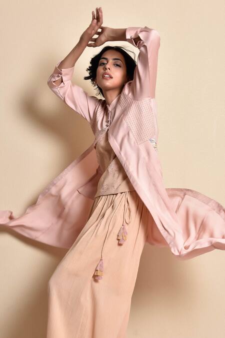 Kanika Sharma_Peach Inner And Pant Crincled Cotton Jacket Modal Jacket Flared Set With Long _Online_at_Aza_Fashions
