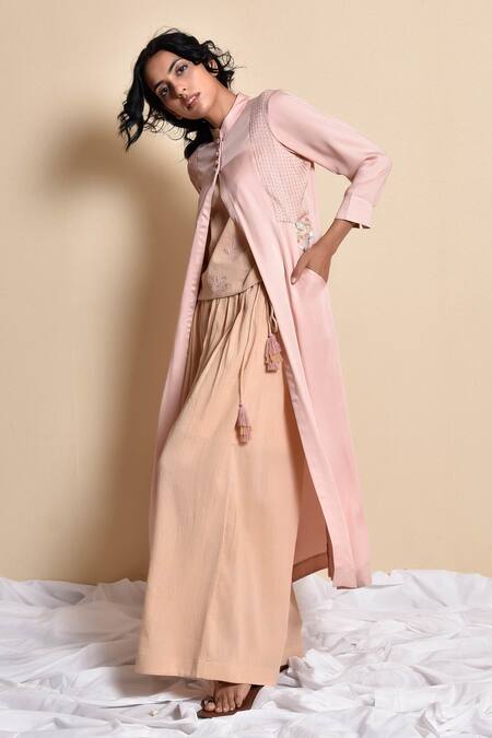 Buy_Kanika Sharma_Peach Inner And Pant Crincled Cotton Jacket Modal Jacket Flared Set With Long _Online_at_Aza_Fashions