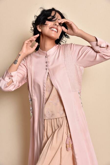 Shop_Kanika Sharma_Peach Inner And Pant Crincled Cotton Jacket Modal Jacket Flared Set With Long _Online_at_Aza_Fashions