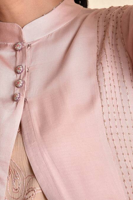 Kanika Sharma_Peach Inner And Pant Crincled Cotton Jacket Modal Jacket Flared Set With Long _at_Aza_Fashions