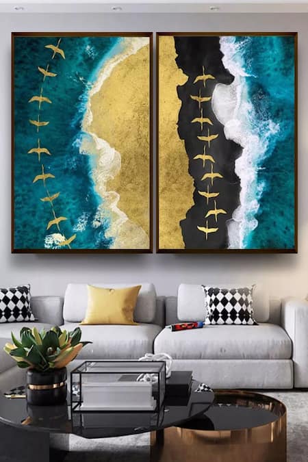 The Art House Multi Color Canvas Digital Print Ocean Waves Painting Set Of 2 