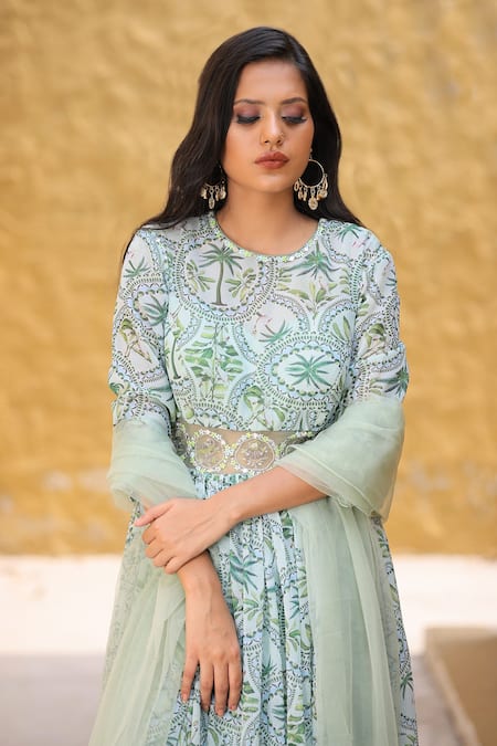 Shop_House Of Tushaom_Green Georgette Printed Tropical Round Anarkali With Dupatta _Online_at_Aza_Fashions