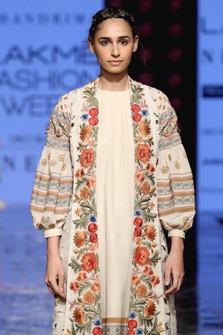 Shop_Chandrima_White Kala Cotton Flap Collar Embroidered Long Jacket _at_Aza_Fashions