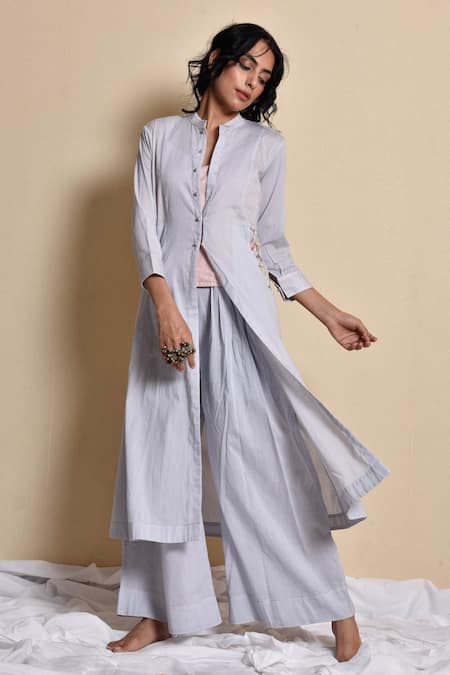 Buy_Kanika Sharma_Blue Inner Doby  Jacket Modal Pant Flared Set With Long _Online_at_Aza_Fashions