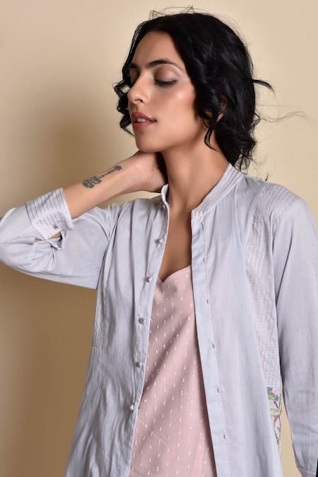 Shop_Kanika Sharma_Blue Inner Doby  Jacket Modal Pant Flared Set With Long _Online_at_Aza_Fashions