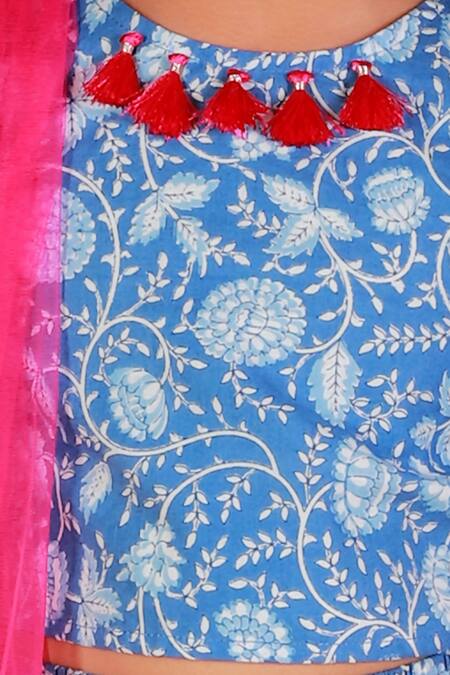 Buy Lil Drama Blue Cotton Tassels Jaipuri Floral Print Lehenga Set Buy_Lil Drama_Blue Cotton Tassels Jaipuri Floral Print Lehenga Set