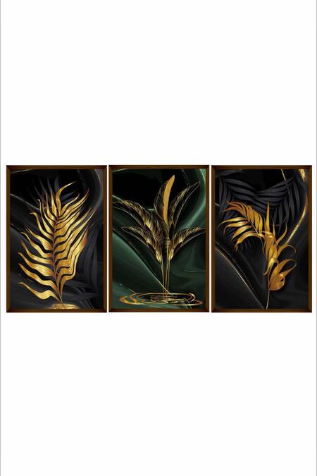 The Art House_Multi Color Canvas Handmade Abstract Leaf Painting Set Of 3_Online_at_Aza_Fashions
