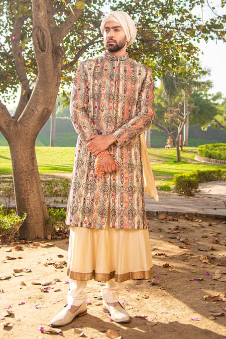 Soniya G_Ivory Handloom Cotton, Silk Embroidery Paisley Embellished Sherwani Set _Online_at_Aza_Fashions