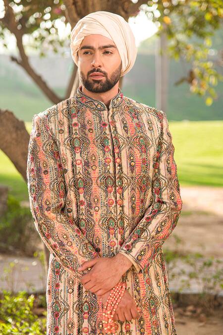 Buy_Soniya G_Ivory Handloom Cotton, Silk Embroidery Paisley Embellished Sherwani Set _Online_at_Aza_Fashions