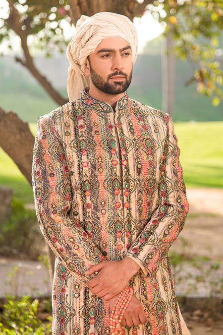 Shop_Soniya G_Ivory Handloom Cotton, Silk Embroidery Paisley Embellished Sherwani Set _Online_at_Aza_Fashions