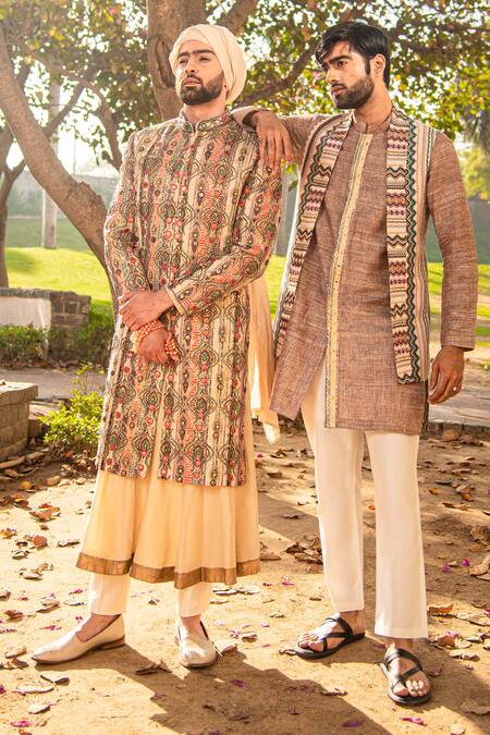 Shop_Soniya G_Ivory Silk, Handloom Cotton Embroidery Geometric Print Bundi And Kurta Set _Online_at_Aza_Fashions