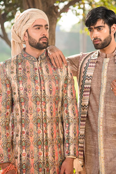 Soniya G_Ivory Silk, Handloom Cotton Embroidery Geometric Print Bundi And Kurta Set _at_Aza_Fashions