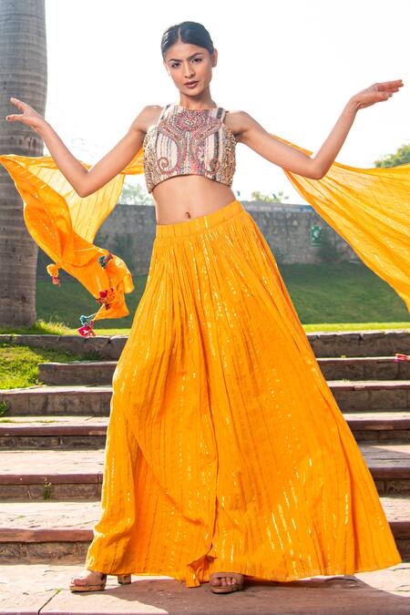 Soniya G_Yellow Handloom Cotton Lurex Striped Pattern Lehenga And Embroidered Blouse Set _Online_at_Aza_Fashions