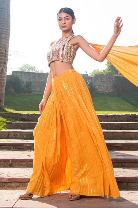 Buy_Soniya G_Yellow Handloom Cotton Lurex Striped Pattern Lehenga And Embroidered Blouse Set _Online_at_Aza_Fashions