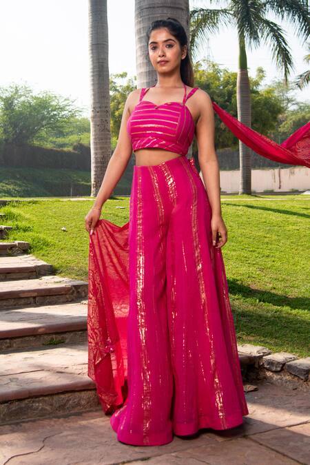 Soniya G_Fuchsia Handmade Cotton Striped Pattern Sweetheart Lurex Blouse And Palazzo Set _Online_at_Aza_Fashions
