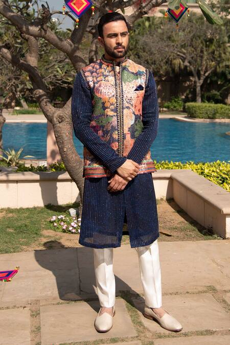 Soniya G_Blue Silk, Handloom Cotton Embroidery Abstract Print Bundi And Kurta Set _Online_at_Aza_Fashions
