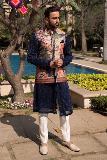 Buy_Soniya G_Blue Silk, Handloom Cotton Embroidery Abstract Print Bundi And Kurta Set _Online_at_Aza_Fashions
