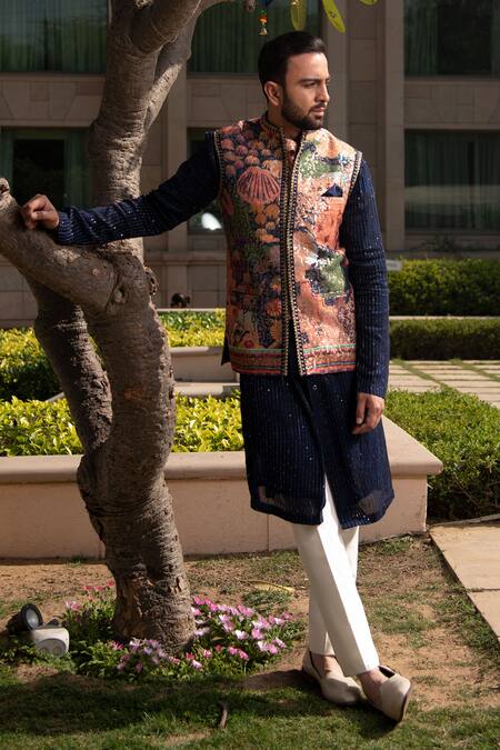 Shop_Soniya G_Blue Silk, Handloom Cotton Embroidery Abstract Print Bundi And Kurta Set _Online_at_Aza_Fashions