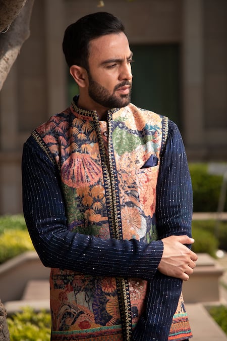 Soniya G_Blue Silk, Handloom Cotton Embroidery Abstract Print Bundi And Kurta Set _at_Aza_Fashions