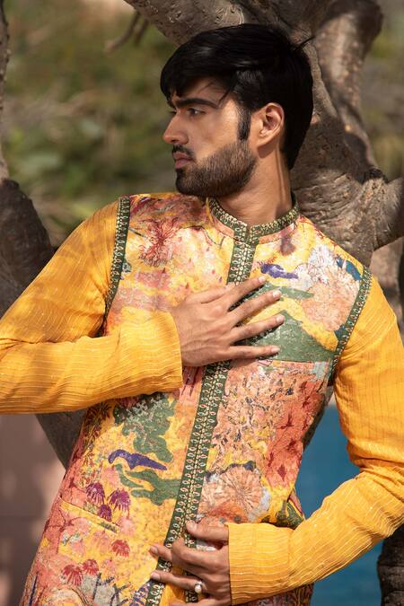 Soniya G_Yellow Silk, Handloom Cotton Embroidery Abstract Print Bundi Kurta Set _Online_at_Aza_Fashions