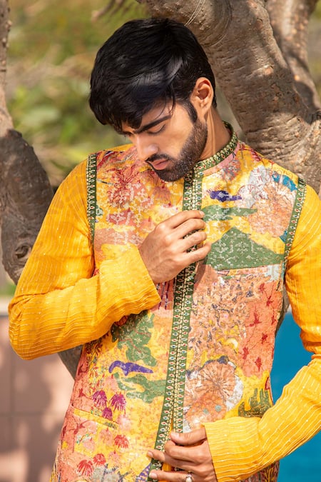 Buy_Soniya G_Yellow Silk, Handloom Cotton Embroidery Abstract Print Bundi Kurta Set _Online_at_Aza_Fashions