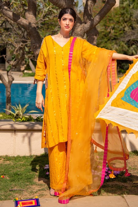 Shop_Soniya G_Yellow Handloom Cotton, Chiffon Sequins, Beads V-neck Kurta Pant Set _Online_at_Aza_Fashions