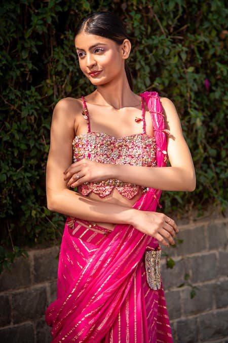 Shop_Soniya G_Fuchsia Handloom Cotton Striped Pattern Pre-draped Saree With Embroidered Blouse _Online_at_Aza_Fashions