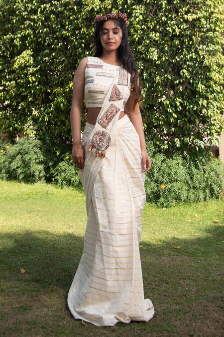 Buy_Soniya G_Ivory Handloom Cotton Sequins, Embroidered Pallu Pre-draped Saree With Blouse _Online_at_Aza_Fashions