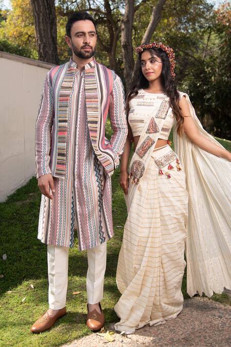 Soniya G_Ivory Handloom Cotton Sequins, Embroidered Pallu Pre-draped Saree With Blouse _at_Aza_Fashions