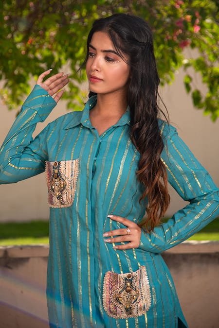 Buy_Soniya G_Blue Handloom Cotton Embroidery, Sequins Shawl Neck Pockets Kurta And Pant Set_Online_at_Aza_Fashions
