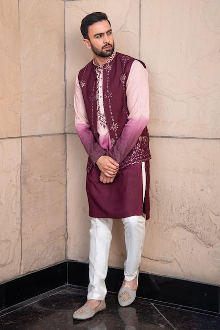 Soniya G_Wine Silk Embroidery Floral Embellished Bundi And Kurta Set _Online_at_Aza_Fashions