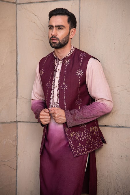 Buy_Soniya G_Wine Silk Embroidery Floral Embellished Bundi And Kurta Set _Online_at_Aza_Fashions