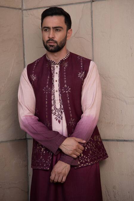 Shop_Soniya G_Wine Silk Embroidery Floral Embellished Bundi And Kurta Set _Online_at_Aza_Fashions